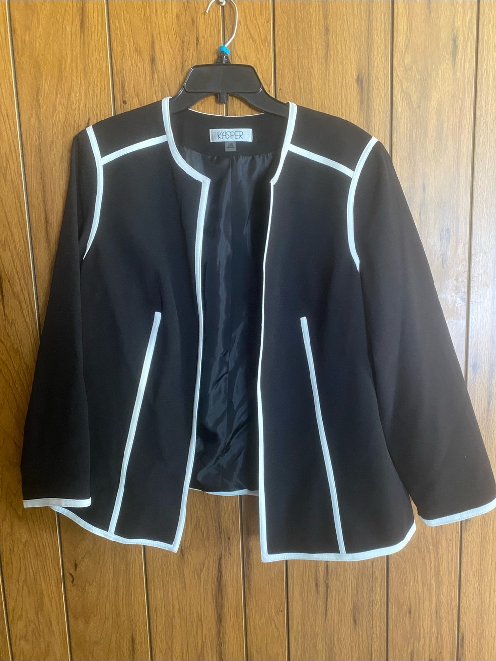 Kasper Black Jacket with White Piping - Women's Collarless Blazer